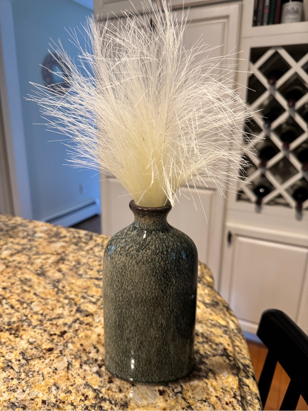 Decorative Green Ceramic Bud Vase with Ivory Faux Pampas